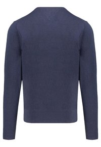 Navy blue, knitted pullover sweater with a V-neck, long sleeves, and a fitted design. The fabric has a smooth texture with a subtle sheen.