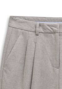 Helle graue, gefaltete Hose mit glatter Textur, flachem Bund und Seitentaschen, aus einem gewebten Stoff gefertigt.