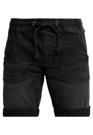Czarne szorty dżinsowe z elastycznym pasem, sznurkiem do regulacji, podwiniętymi mankietami i dwoma bocznymi kieszeniami. Charakteryzują się miękkim, teksturowanym wykończeniem.