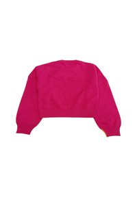 Maglione cropped in magenta brillante. Presenta polsini e orlo a coste, con un accento arancione a contrasto sul lato sinistro. Tessuto liscio.