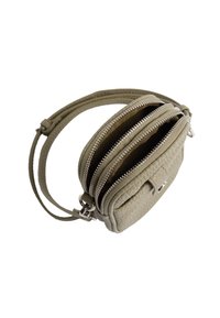 Piccolo borsetta verde oliva realizzata in materiale testurizzato, con tre scomparti con zip e una tracolla staccabile per il trasporto.