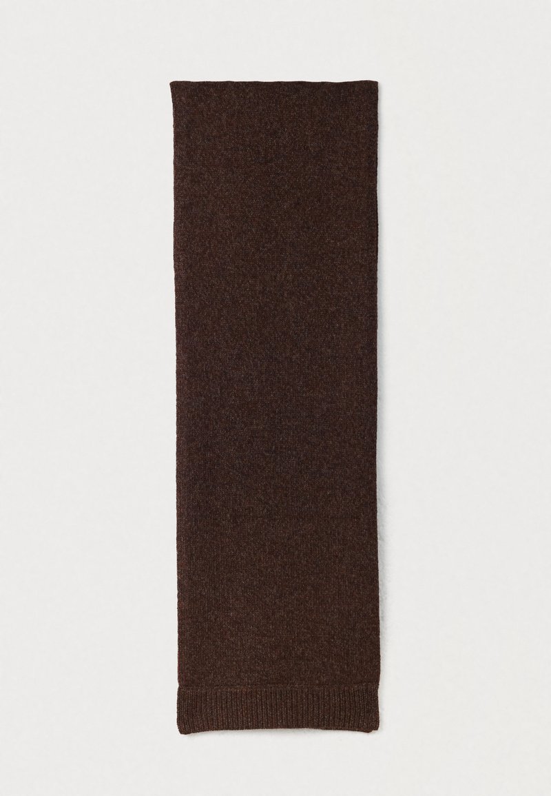 Dark brown knitted wool scarf laid flat on a white surface, showing ribbed edges and fine texture.
