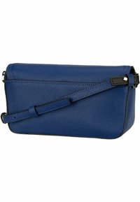 Borsa a tracolla in pelle blu con finitura texture, forma rettangolare, dettagli neri e tracolla regolabile. Chiusura con zip sulla parte superiore.
