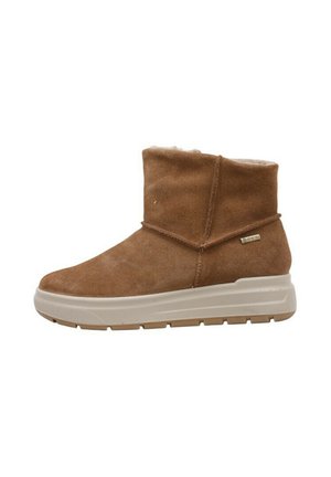 Bottines en daim marron avec un intérieur douillet, dotées d'une semelle robuste de couleur crème et de subtils détails de surpiqûres sur le dessus.