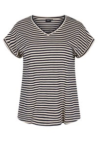 Pruhované tričko v krémové a námořnické modré barvě, s véčkovým výstřihem, krátkými rukávy a volným střihem. Vyrobeno z měkké, prodyšné látky.