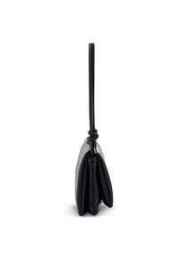 Schwarze Lederhandtasche mit einem dünnen, geknoteten Tragegurt und einem strukturierten, gefältelten Design. Hat eine elegante, schlanke Form.
