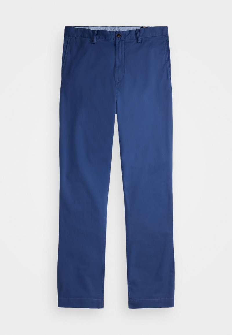 Mørkeblå bomulds-chinos med lige ben-design, der har en lukning med knap foran og sidelommer, glat tekstur og pæn syning.