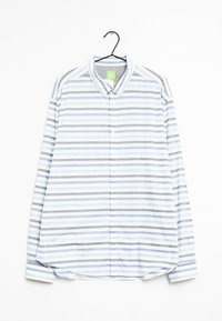 Långärmad skjorta med knappar som har horisontella ränder i ljusblått, grått och vitt. Tillverkad i bomull med klassisk krage och rundad nederkant.