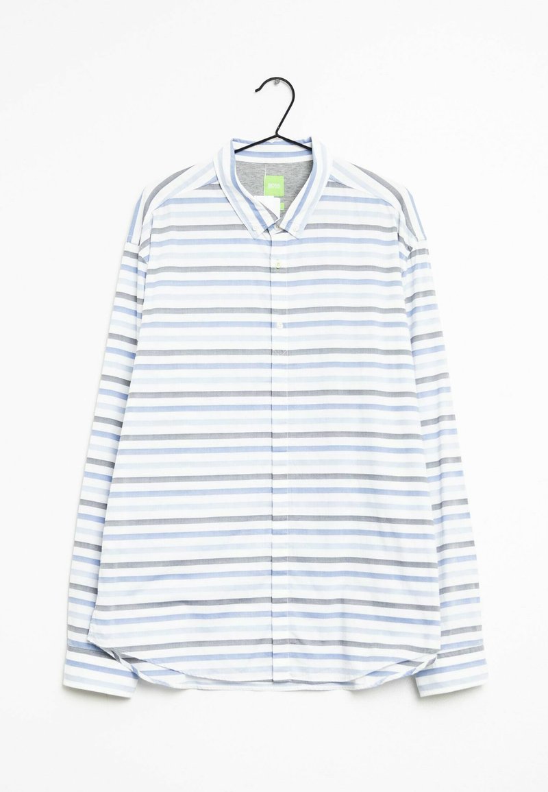 Långärmad skjorta med knappar som har horisontella ränder i ljusblått, grått och vitt. Tillverkad i bomull med klassisk krage och rundad nederkant.