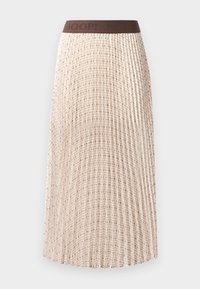 Jupe midi plissée de couleur beige clair avec un motif. Dotée d'une ceinture élastique marron portant le logo "JOOP!".
