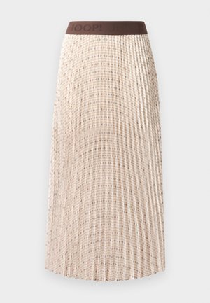 Pleated midi skirt in a light beige color with a patterned design. Features a brown elastic waistband with "JOOP!" branding.