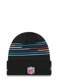 Bonnet en tricot noir avec des rayures horizontales multicolores et un revers, arborant un logo NFL brodé à l'avant.