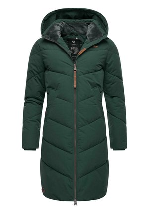 Grüne, isolierte Parka mit Kapuze, ausgestattet mit einem Reißverschluss, einem Chevron-Quiltmuster, Seitentaschen und einem Kragen aus Kunstfell.