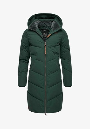 Green insulated parka with a hood, featuring a zip closure, chevron quilting, side pockets, and faux-fur lining at the collar.