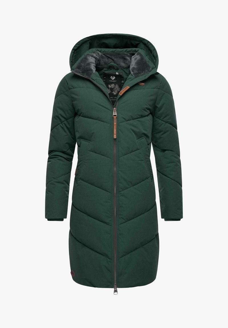 Zelená zateplená parka s kapucňou, s priedušným zipsom, chevronovým prešívaním, bočnými vreckami a umelým kožúškom na golieri.