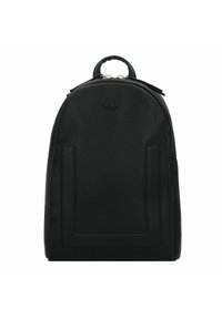 Sac à dos en cuir noir avec une forme arrondie, logo embossé, poignée supérieure et poche avant. Présente une surface texturée et des accessoires en ton doré.