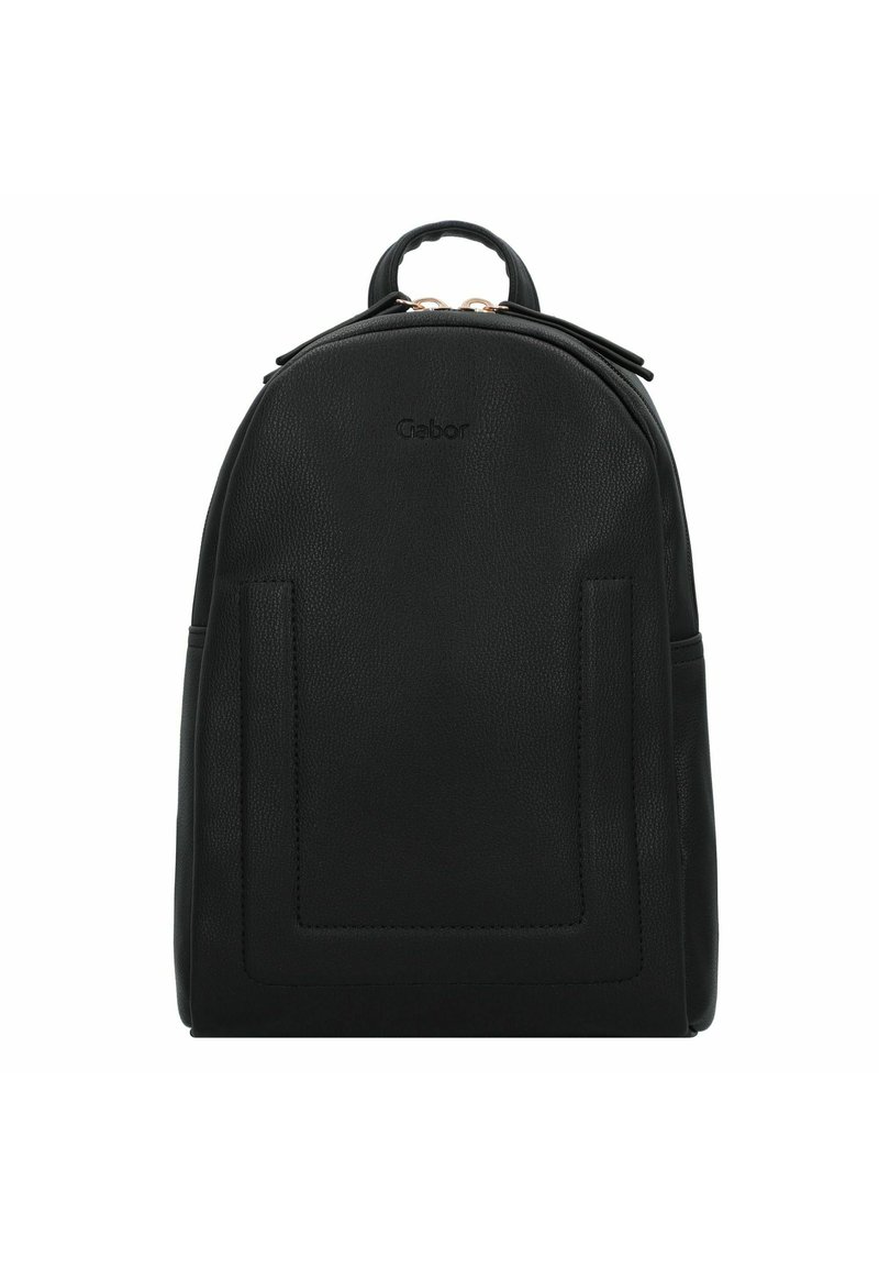 Sac à dos en cuir noir avec une forme arrondie, logo embossé, poignée supérieure et poche avant. Présente une surface texturée et des accessoires en ton doré.