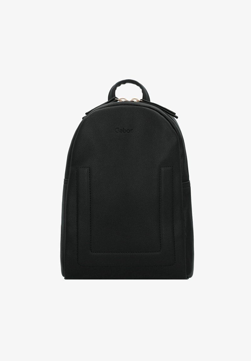 Zaino in pelle nera con forma arrotondata, logo in rilievo, manico superiore e tasca frontale. Presenta una superficie testurizzata e minuteria color oro.