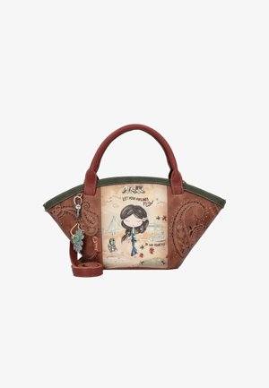 Braune Handtasche mit einer Illustration eines Mädchens, Wahrzeichen von San Francisco, Blumenmustern und einem Blumen-Schlüsselanhänger mit einer grünen Perle.