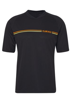 Czarny krótki rowerowy jersey z pomarańczowymi i żółtymi poziomymi paskami oraz napisem "GIRO" na piersi.