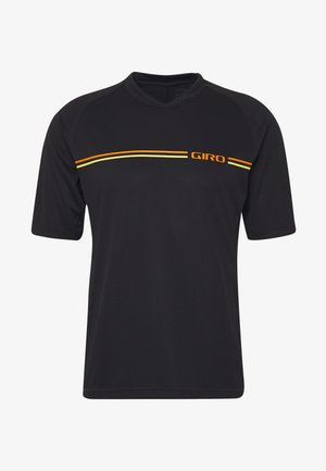 Czarny krótki rowerowy jersey z pomarańczowymi i żółtymi poziomymi paskami oraz napisem "GIRO" na piersi.