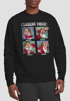 Black sweatshirt featuring a graphic with four panels of the character Grumpy, each labeled "GRUMPY," in vibrant colors on a textured background.