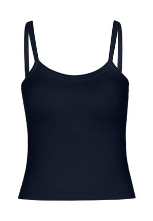 Sort ribbet ærmeløs tanktop med tynde skulderstropper og lige halsudskæring, vist på hvid baggrund.