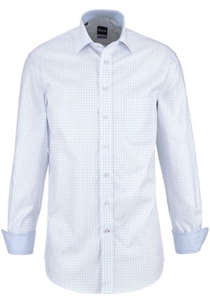 Weißes, langärmliges Hemd mit Knöpfen, hellblau kariertem Muster, einer Tasche auf der linken Brust und klassischem Kragen.