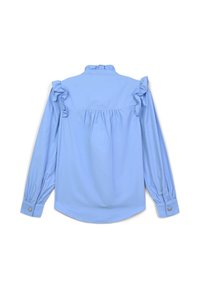 Helles blaues Langarmhemd mit Rüschendetails an den Schultern und hohem Kragen. Verfügt über knöpfbare Manschetten und ein gerafftes Rückendesign.