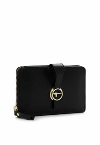 Black leather wallet with zip closure, featuring a circular gold hardware accent and a tab closure. Smooth texture with a sleek rectangular shape.