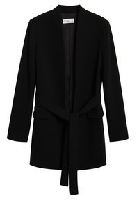 Sort blazer lavet af glat stof med en lige silhuet, lange ærmer, åben front og et bundet bælte i taljen.