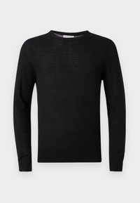 Maglione nero a maniche lunghe realizzato in tessuto a maglia leggero. Presenta una scollatura rotonda e polsini aderenti. Texture liscia con dettagli minimi.
