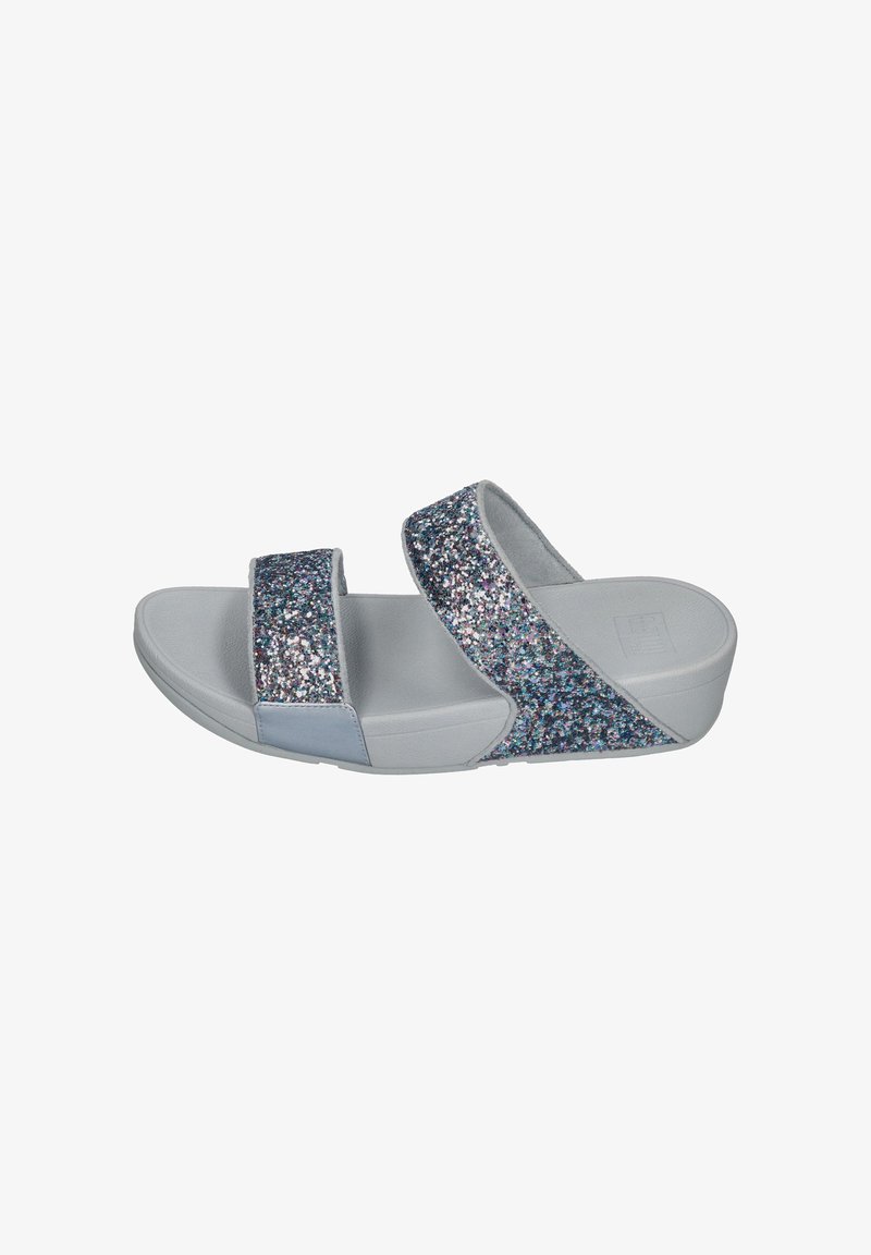 Glittery grey slide sandal with two straps, one featuring multicolored glitter, cushioned footbed, and a low wedge heel.