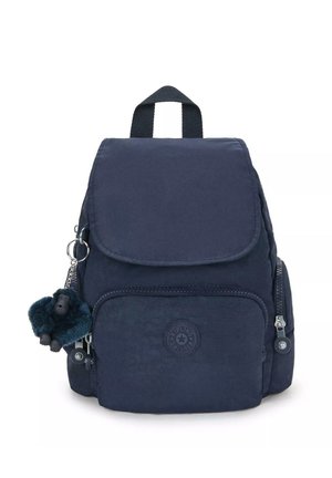 Navy blue backpack made of textured fabric, featuring a flap closure, front zipper pocket, and a keychain with a furry gorilla charm.