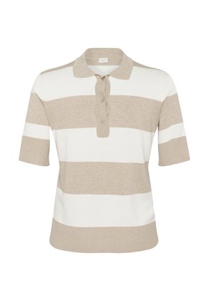 Kurzarmpolohemd in beige mit weißen Streifen, mit Kragen, drei-Knopf-Leiste und einer weichen Stricktextur.