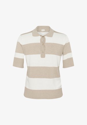 Kurzarmpolohemd in beige mit weißen Streifen, mit Kragen, drei-Knopf-Leiste und einer weichen Stricktextur.