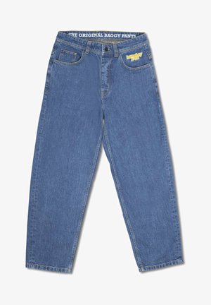 Pantaloni din denim largi de culoare albastru mediu, cu o croială lejeră. Dispun de cinci buzunare, închidere cu nasture și o etichetă logo cusută pe talie.