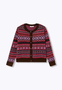 Cardigan en tricot marron avec un motif géométrique coloré en rose, violet et rouge. Détail avec un col rond et une fermeture à boutons.