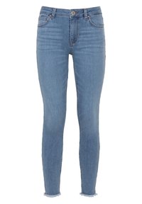 Ljusblå tajta jeans med knapp- och dragkedjestängning, fram- och bakfickor samt fransar vid anklarna.