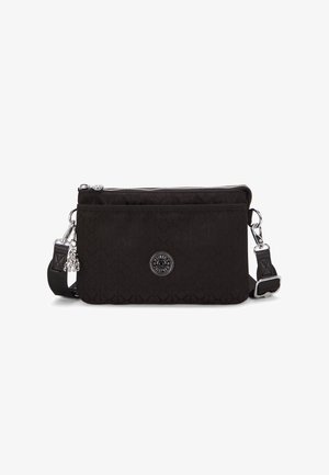 Black fabric crossbody bag with a textured geometric pattern, zip closure, and silver hardware. Features adjustable strap and logo detail.