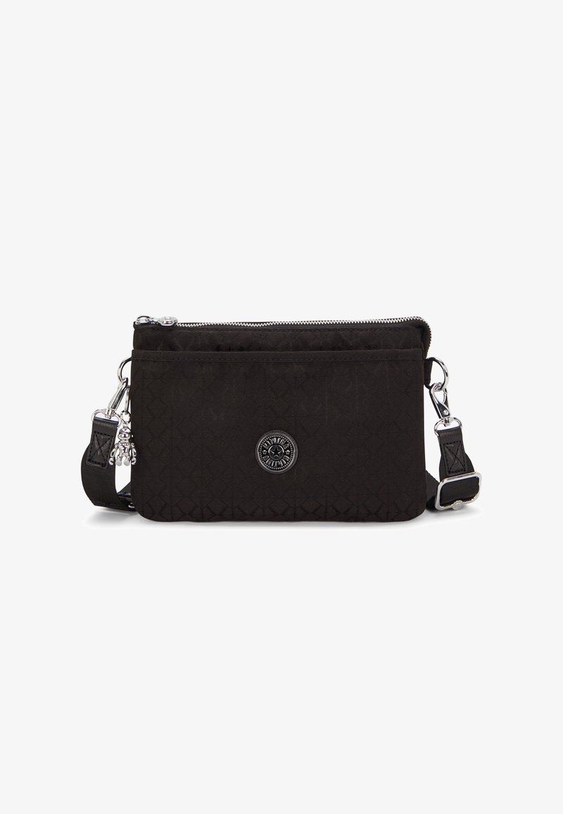 Black fabric crossbody bag with a textured geometric pattern, zip closure, and silver hardware. Features adjustable strap and logo detail.