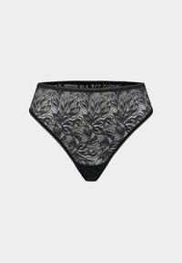 Schwarze Spitzenunterhose mit floralem Muster, strukturierten Details und gewellten Kanten. Mittelhoher Schnitt, der hinten vollständige Abdeckung bietet.