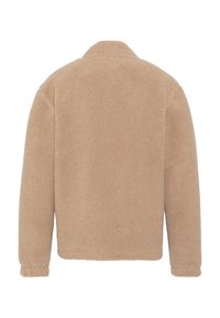 Beżowa kurtka z polaru o teksturowanej powierzchni, z kołnierzem i długimi rękawami. Brak widocznych zapięć i detali z tyłu.