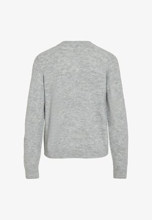 Maglione grigio a maglia con una trama a costine, maniche lunghe e un semplice scollo a girocollo. La parte posteriore è priva di decorazioni e leggermente oversize.