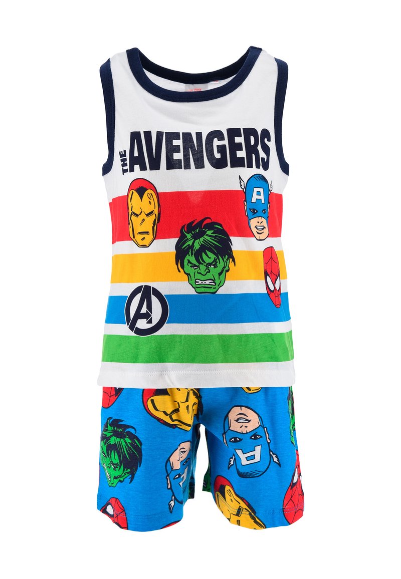 Cotton pajama set featuring a sleeveless white top with colorful superhero graphics and blue shorts with repeated character faces.
