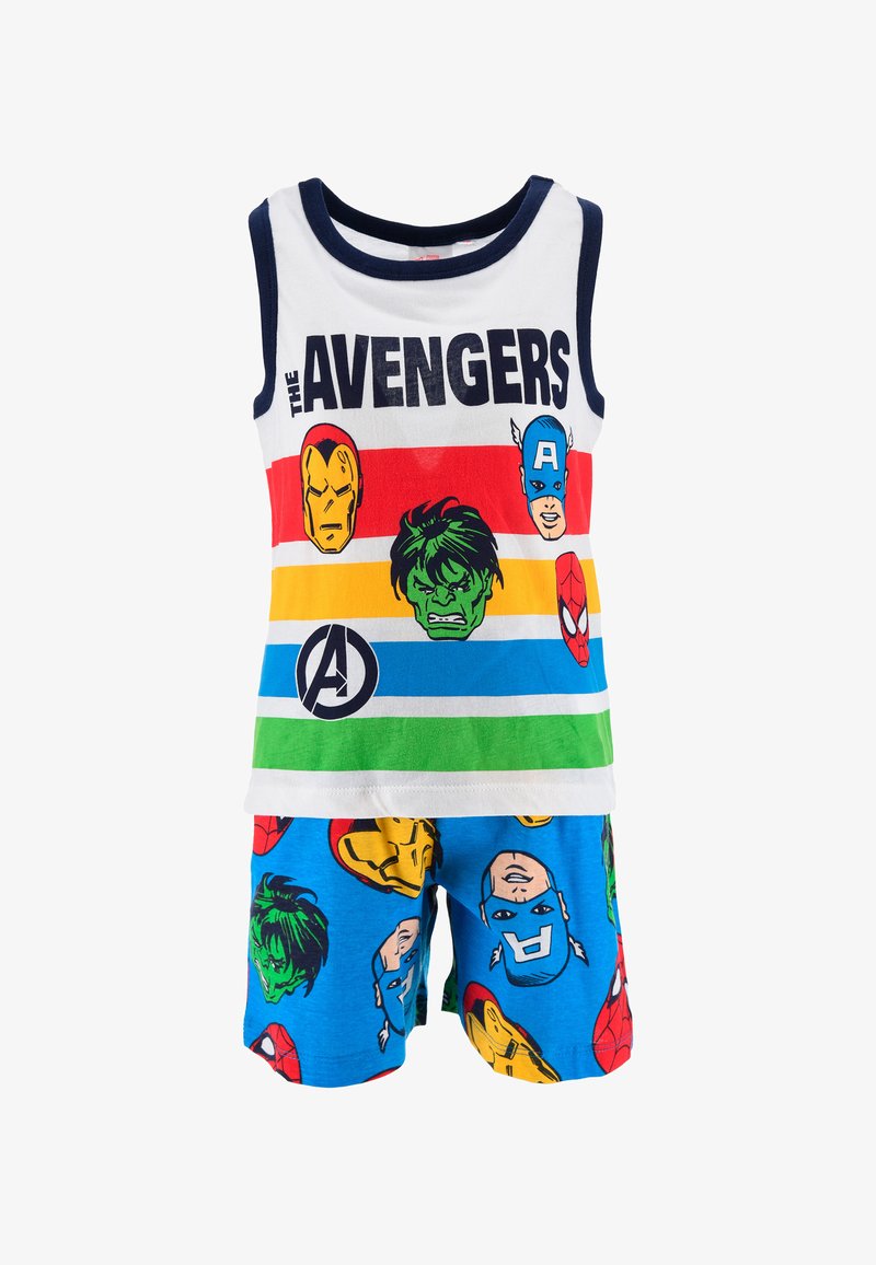 Cotton pajama set featuring a sleeveless white top with colorful superhero graphics and blue shorts with repeated character faces.