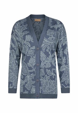 Blå cardigan med knapper og lyseblåt blomsterprint, lange ærmer og ribstrikkede manchetter og kant.