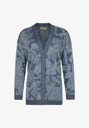Cardigan bleu à boutons avec un motif floral bleu clair, manches longues et bord-côtes aux poignets et à l'ourlet.