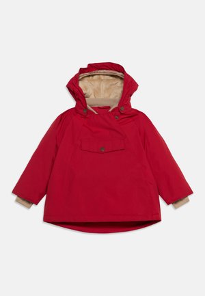 Red children's winter jacket with hood, beige fleece lining, front buttoned pocket, and beige inner cuffs, isolated on white background.