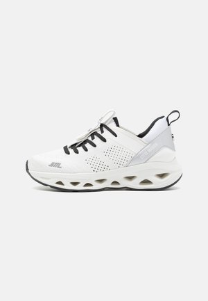 White athletic sneakers featuring mesh material, black accents, perforated design, cushioned sole, and grey heel details.